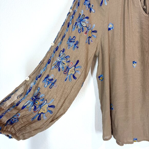 Fig and Flower Embroidered Boho Peasant Blouse Top Large Brown Blue Floral - Picture 4 of 6